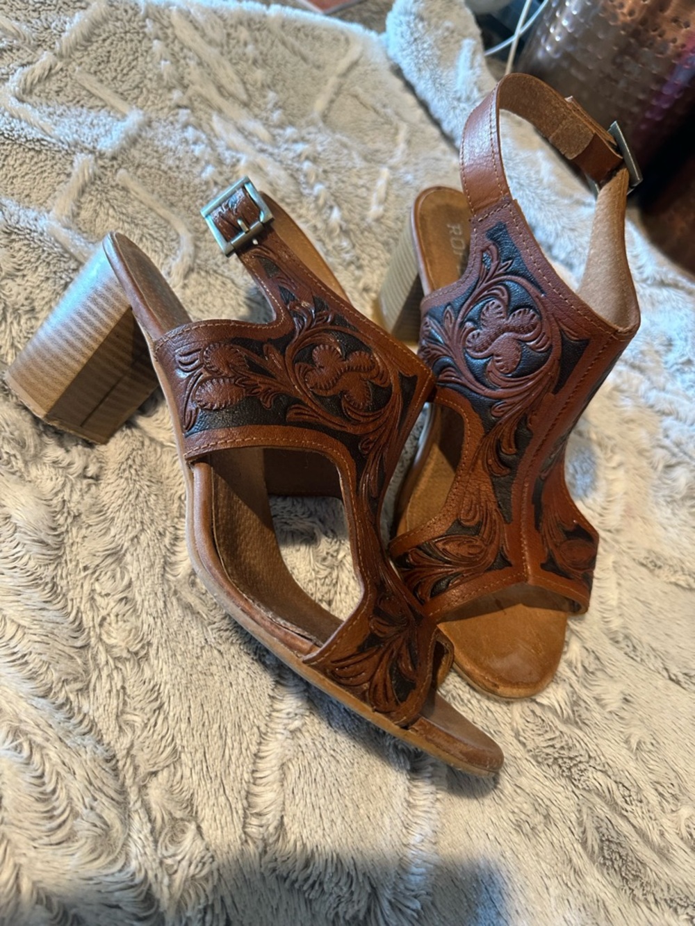 Roper Brown Tooled Leather Slingback Block Heel Sandals size 11